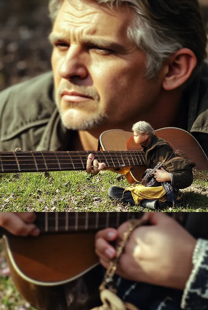 Man sitting on guitar, The woman sits listening to the side, sunlight,Flickering, concentrated lines, Silhouette, Backlight, Realism, 