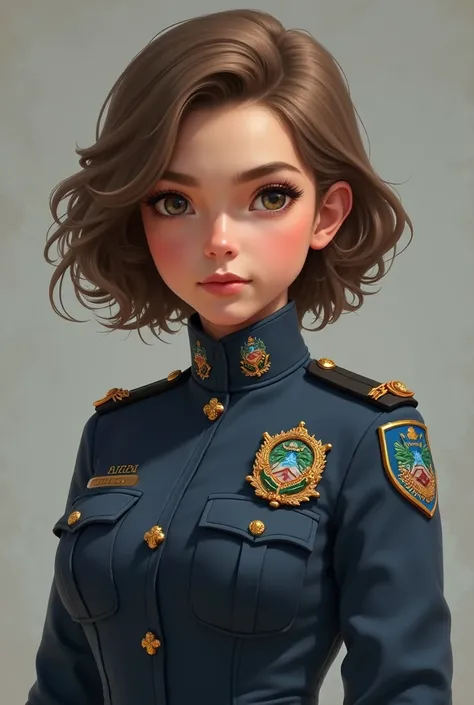  , white with smooth light brown hair with curls at the end, dressed in the Bahia Military Police uniform 