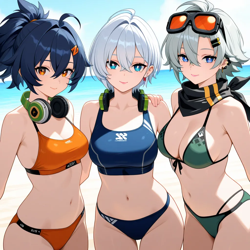 score_9, score_8_up, score_7_up, source_anime, absurd_res, white, blue, black 4 female anime characters, multiple girls, 3girls, breasts, wide hips] 

BREAK [(eous \(zenless zone zero\), hair between eyes, green N 1headphones around neck, breasts, short ha...