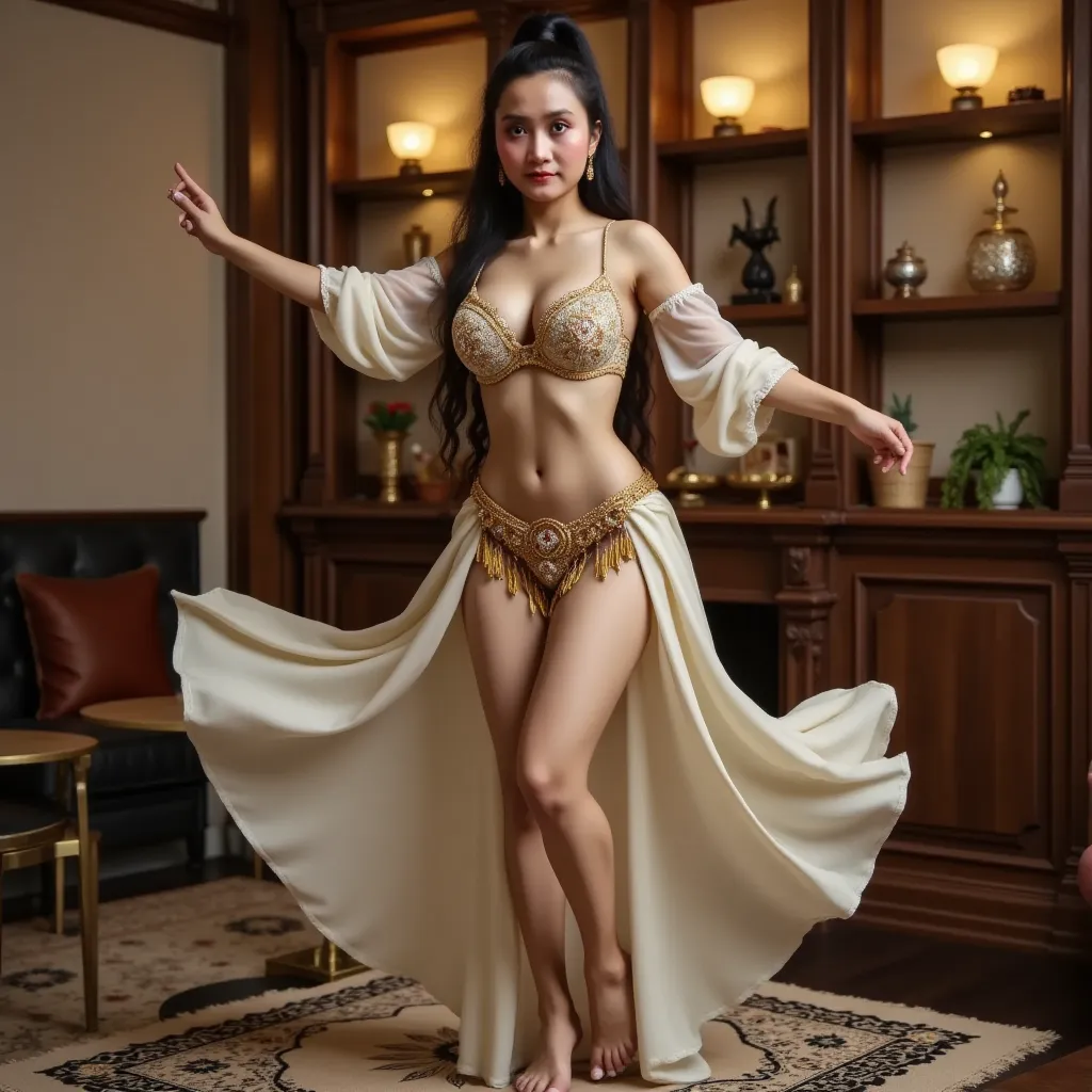 A highly detailed figurine of a realistic female dancer wearing a luxurious Middle Eastern belly dance costume. The outfit consists of a beautifully embroidered bra top adorned with gold accents, gemstones, and delicate beadwork. A flowing, semi-transparen...