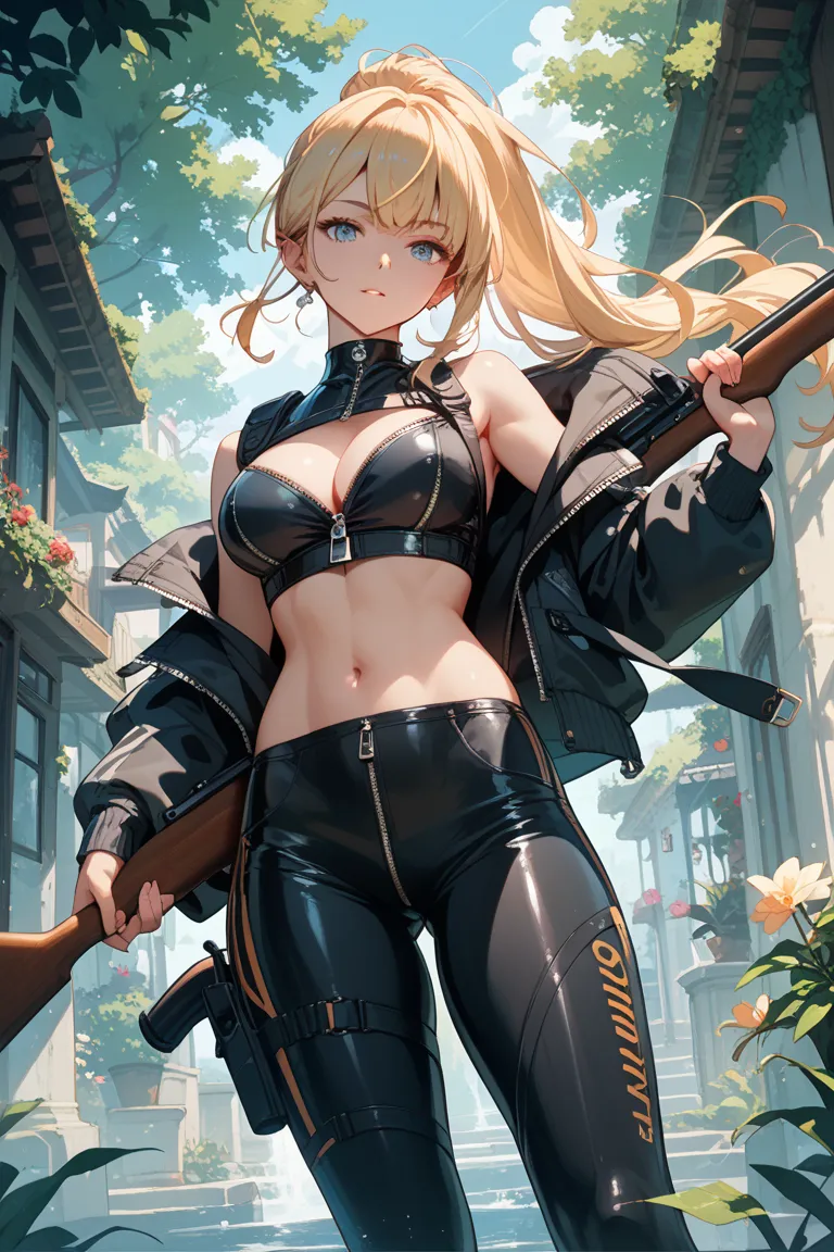 One Japanese girl, blonde ponytail hair, wearing black catsuit, zipper is down to the bottom of the belly button, standing, carries a rifle on her shoulder, breasts are visible