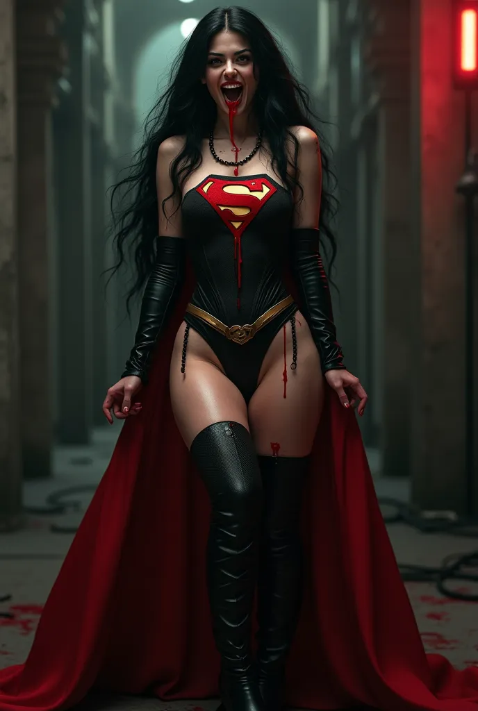 PHOTO REALISTIC. A FULL BODY VIEW OF THE HOTTES AND SEXIEST VAMPIRE BABE WITH, VAMPIRE EYES, LARGE BLOODY FANGS STICKING OUT FROM HER MOUTH, LONG BLACK HAIR, HUGE PERKY BOOBS. WEARING A EMO SUPERGIRL OUTFIT, GOTH CAPE AND GOTH BOOTS. A LARGE BLOODY "S" EMB...