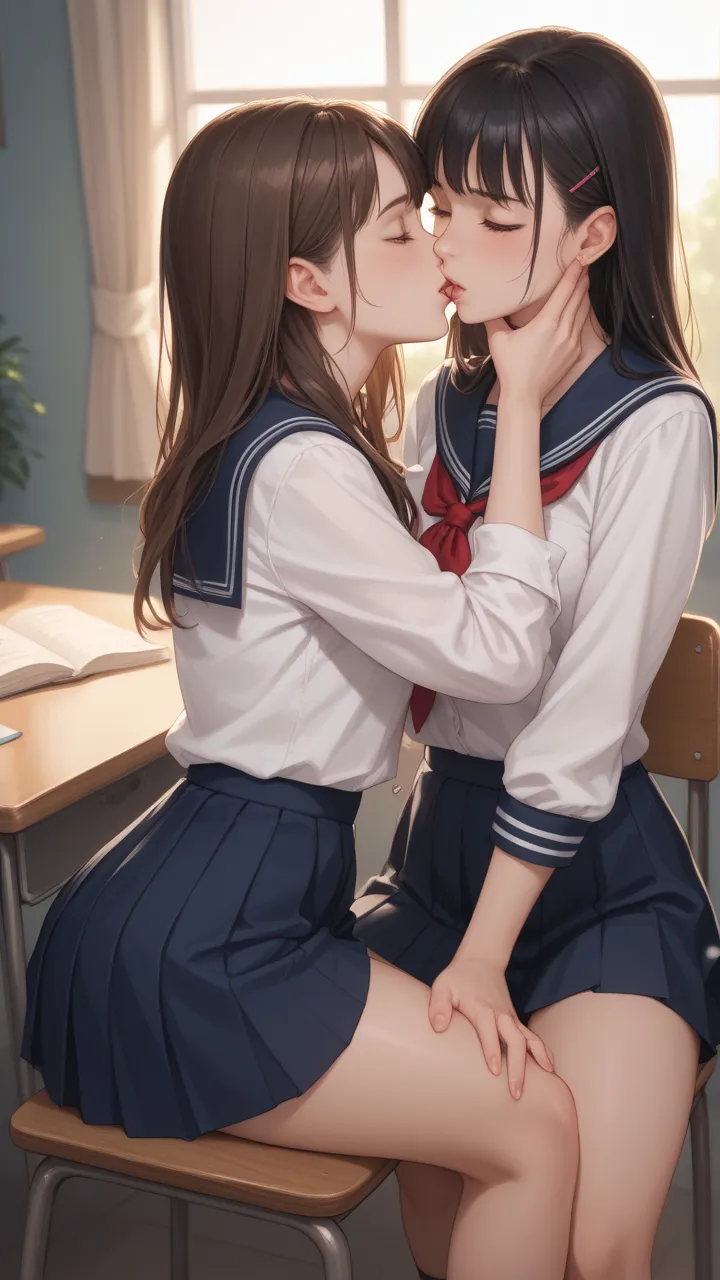 in her hand. The picture shows two girls wearing school uniforms.  , one sitting and the other bent over her in a position that looks like a kiss.  The girl sitting has black hair and the girl bent over her has dark brown hair.  The bent girl holds the chi...