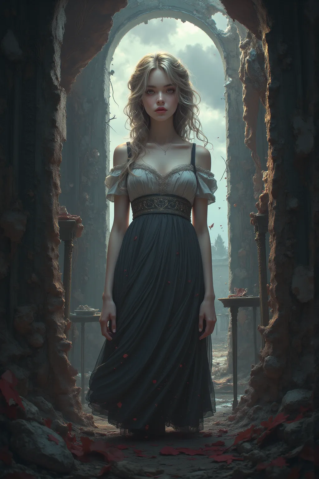 Anime painting style。Amid the ruins of a Western-style building that is about to collapse、a beautiful girl standing quietly。Hair color and hairstyle、The outfit is random。decayed furniture and cracked walls、the sound of an eerie wind that sounds in the dist...