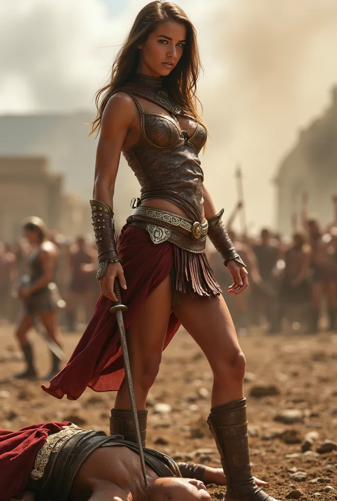 (masterpiece, best quality:1.2),  1 girl, Alone,Picture,full body, sweaty,  Petite cute Amazon girl warrior standing in a split pose about a defeated male Roman legionary on a battlefield 