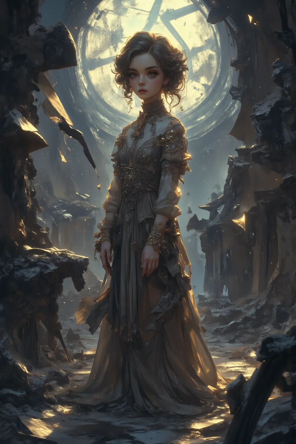 Anime painting style。Amid the ruins of a Western-style building that is about to collapse、a beautiful girl standing quietly。Hair color and hairstyle、The outfit is random。decayed furniture and cracked walls、the sound of an eerie wind that sounds in the dist...