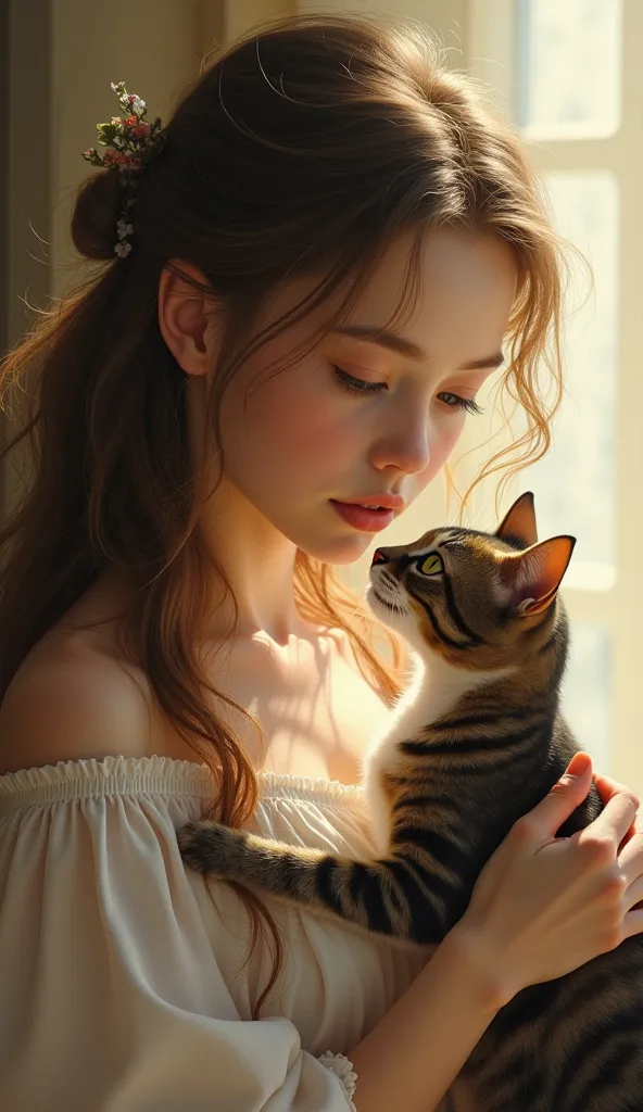 Beautiful girl with long hair playing with her cat