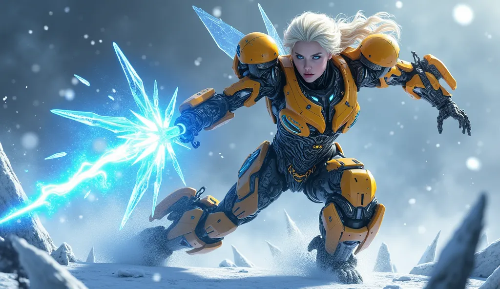 Prompt:
"A full-body, ultra-detailed fusion of Elsa from Disney and Bumblebee from Transformers in an action-packed battle pose. She is mid-attack, unleashing a powerful ice-energy blast from her cybernetic arm while delivering a high-speed, armored kick. ...