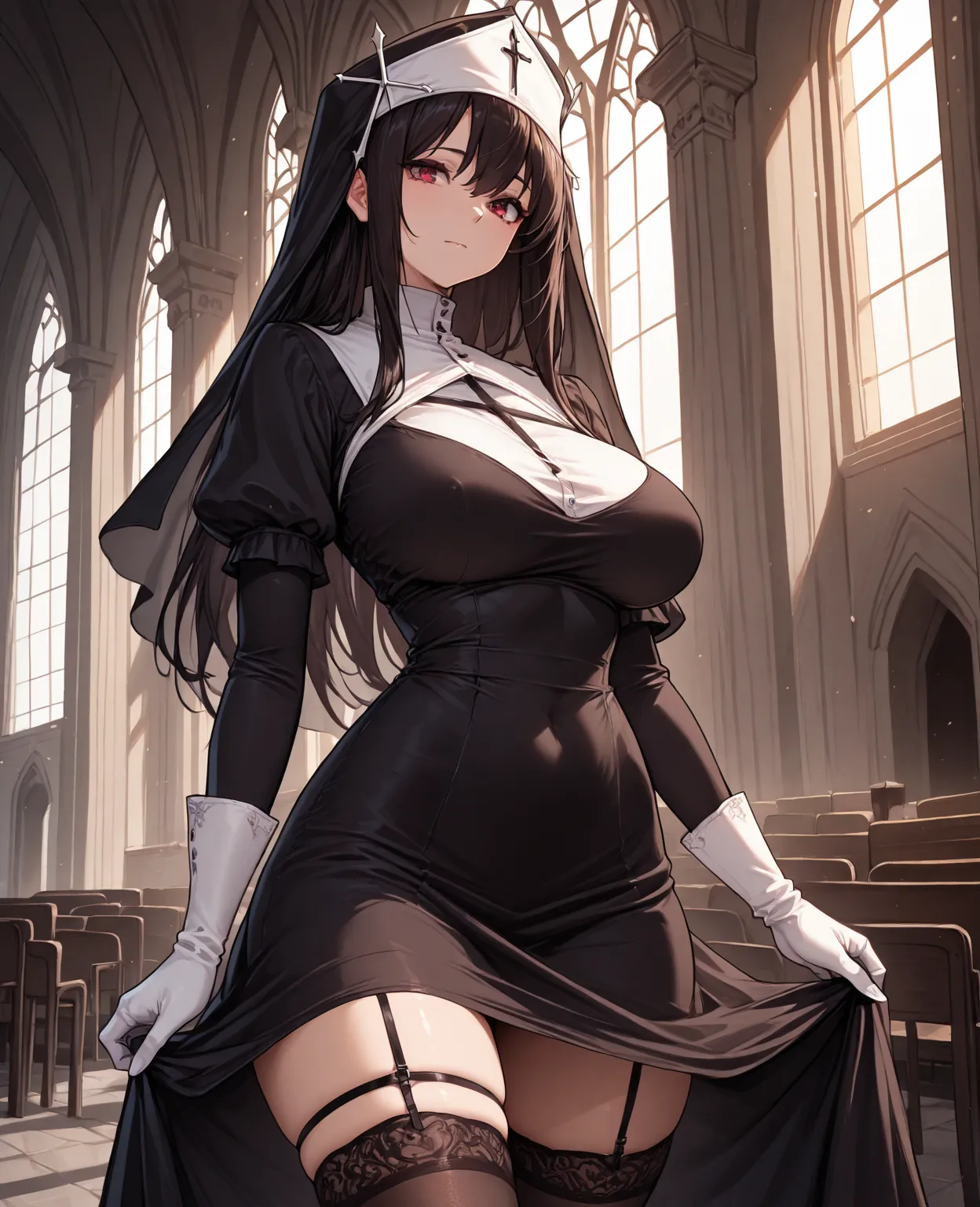 Masterpiece, best quality, larvent ,white gloves, The Thighhigh Black, garter wire , church, black dress