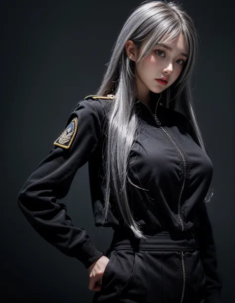 standing,Military Uniforms,pants,black military uniform,whole body,Height: 168cm,almond shape eyes,{{{{{silver eyes}}}}},{{{{{dull bangs}}}}},(slanted eyes},{{whole body},{{{1 girl}}}, long hair, straight hair,{{{{silver hair}}}},{{{tsurime}}},30 years old...