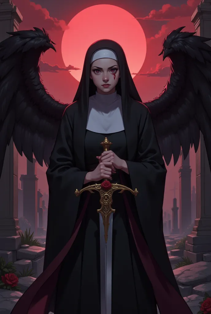 Here is an updated description with the replacement of the shotgun with the sword:  

We are faced with a mysterious figure—a nun with a dark past. It stands among ancient ruins in the light of a bloody sunset. Her black habit contrasts with pale skin, and...