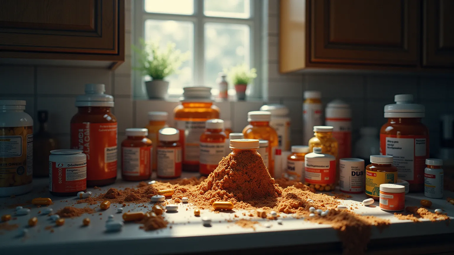 "A kitchen counter cluttered with various supplement bottles, some spilling pills and powders. The lighting is harsh, emphasizing the chaos and hidden dangers of unsupervised consumption."