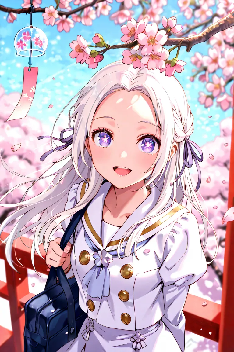 masterpiece, best quality, 1girl, solo, dfltedel, long hair, half updo, white hair, sidelocks, purple eyes, big eyes, symbol-shaped pupils, hair ribbon, purple ribbon, White sailor suit, light purple ribbon,holding school bag, looking at viewer, smile, ope...