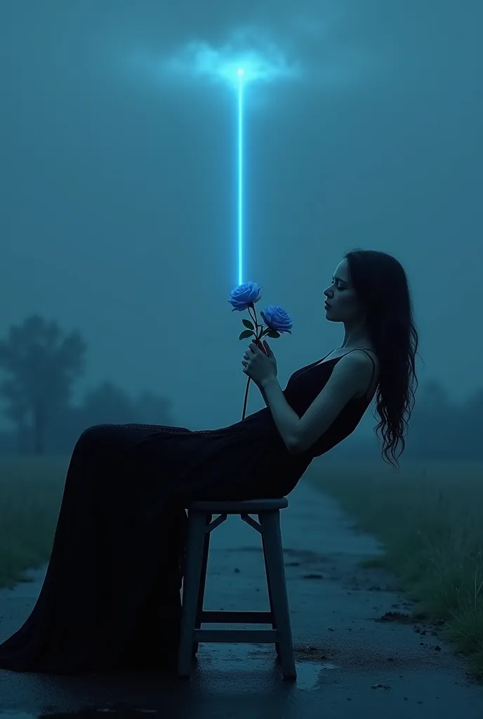 woman, sad, Loneliness  raining, in black horizon, blue light, blue pinpoint light, dress, Lie down on the floor, on metal stool, hold a blue rose