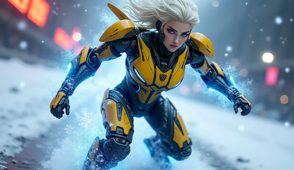 Prompt:
"A full-body, ultra-detailed fusion of Elsa from Disney and Bumblebee from Transformers, inspired by a sleek futuristic sports car. She stands in a dynamic battle stance, mid-attack, with her cybernetic leg delivering a high-speed, turbo-powered ki...