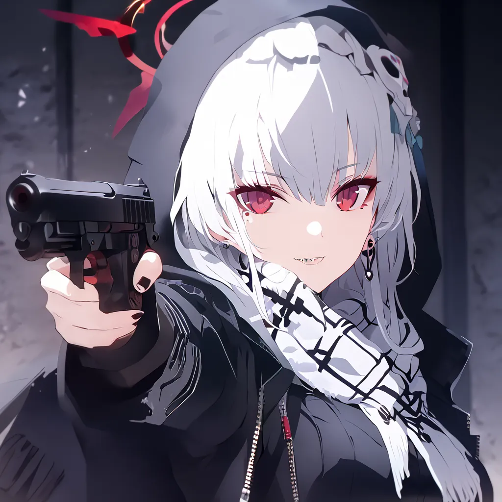 masterpiece, best_quality, beauties, Alone, Crimson Halo, skull Mask, black hood, white hair, red eyes, Very Tall, and my breasts are very big, black coat, black rider jacket with lots of piercings, white scarf, holding a big handgun, upper body, looking a...