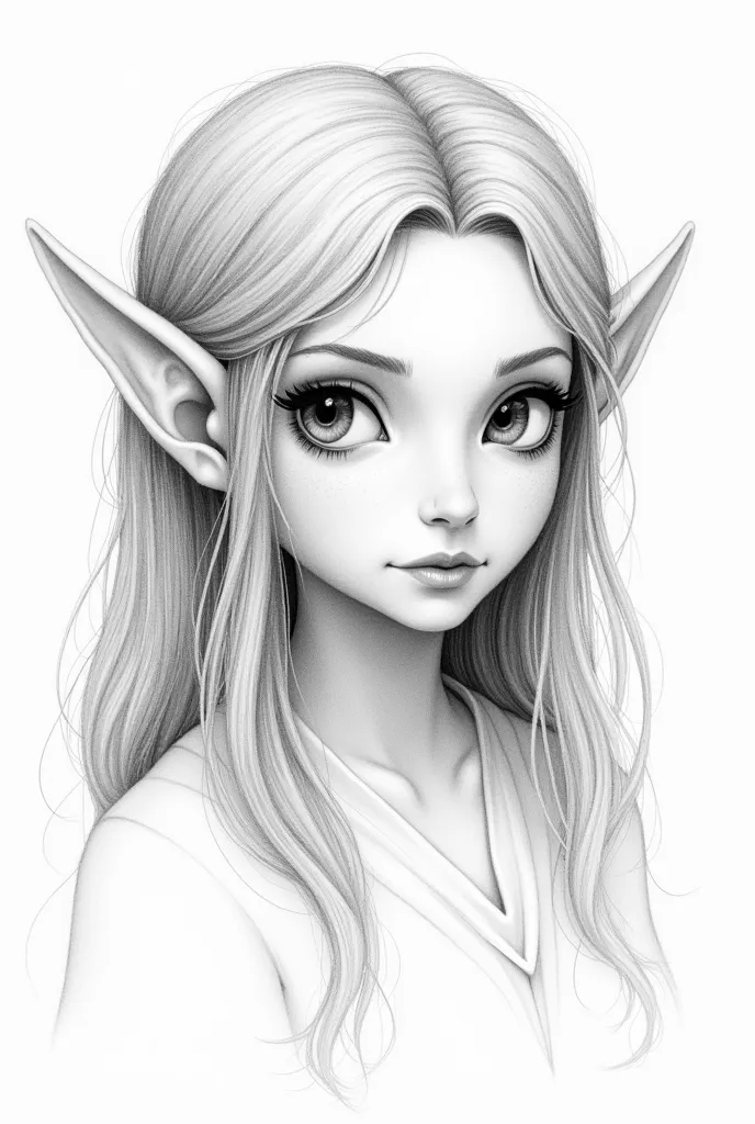 Black and white pencil sketch of a young elf from 'The Last Elf', drawn on paper. The elf has delicate, ethereal features, with pointed ears, long flowing hair, and a serene expression. The sketch should capture the magical and mystical essence of the elf,...