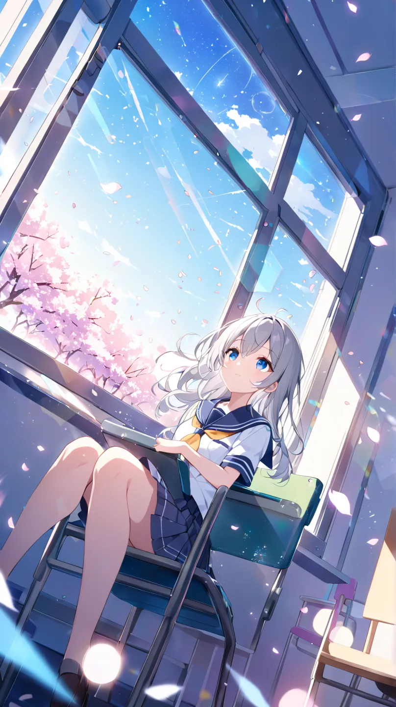 School Classroom、machine、chairs、Blue sky seen from the window、cherry blossoms、solo, hidden hair, blue eyes, Grey Hair、school uniform、Window seat、in bed looking up at the sky、How hair flutters in the wind、dutch angle, lens flare, glitter effect, blur backgr...