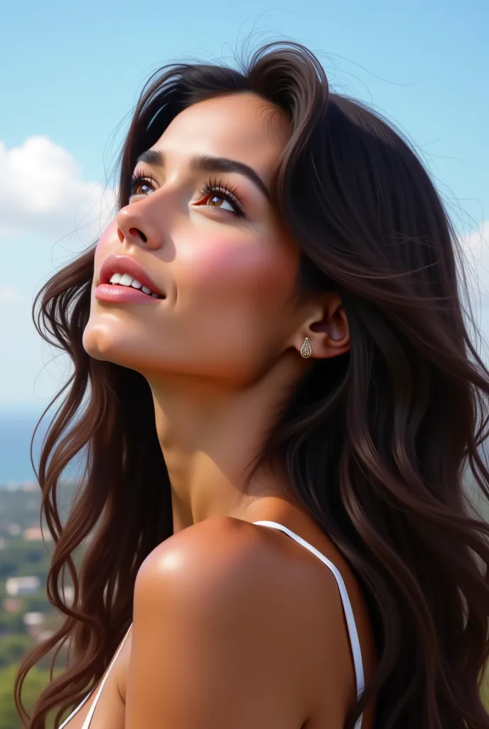 A beautiful 27 years old woman, dark brownish long wavy hair, features like a beauty pageant, fair skin. Realistic, detailed, side profile. Looking at the sky.