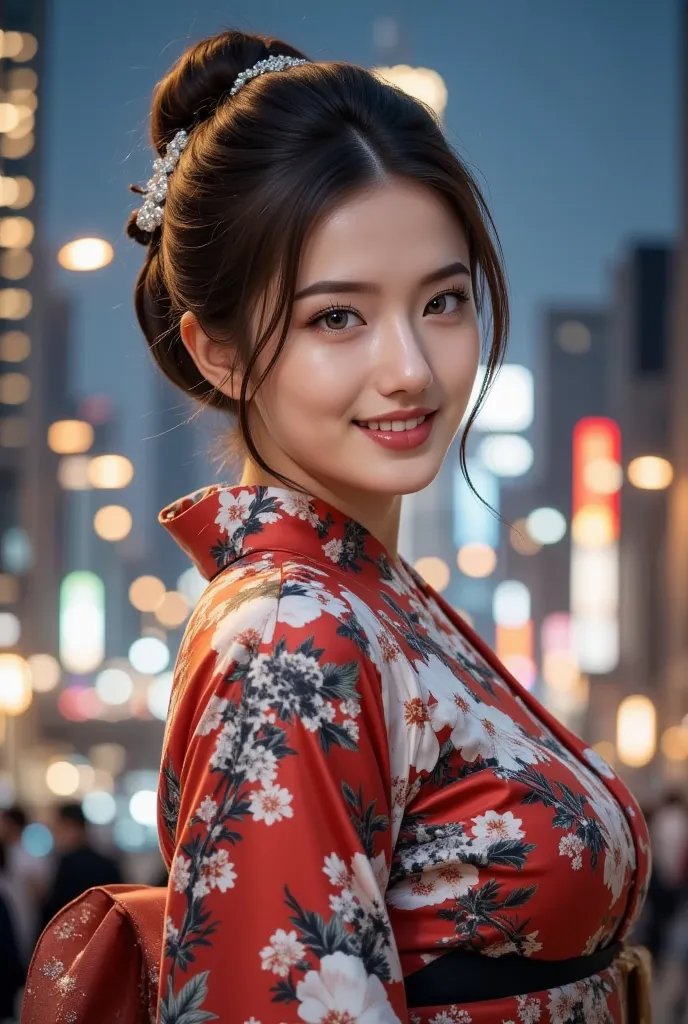 Enhance the image、 hairpin with a diamond、She alone、Back to back、8 o'clock at night, glittering city lights、Gold Dustが多く舞散る、Ancient Japanese kimono、Please randomly generate the color of the kimono with the detailed flower pattern、silk、 hairstyle is upstyle...