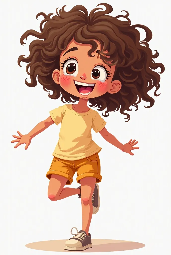 "A cartoon-style illustration of a  girl with curly brown hair and a noticeable gap between her front teeth. She has a slim build, fair skin, and bright, expressive eyes. Her cheerful smile highlights the gap in her teeth, giving her a playful and endearin...