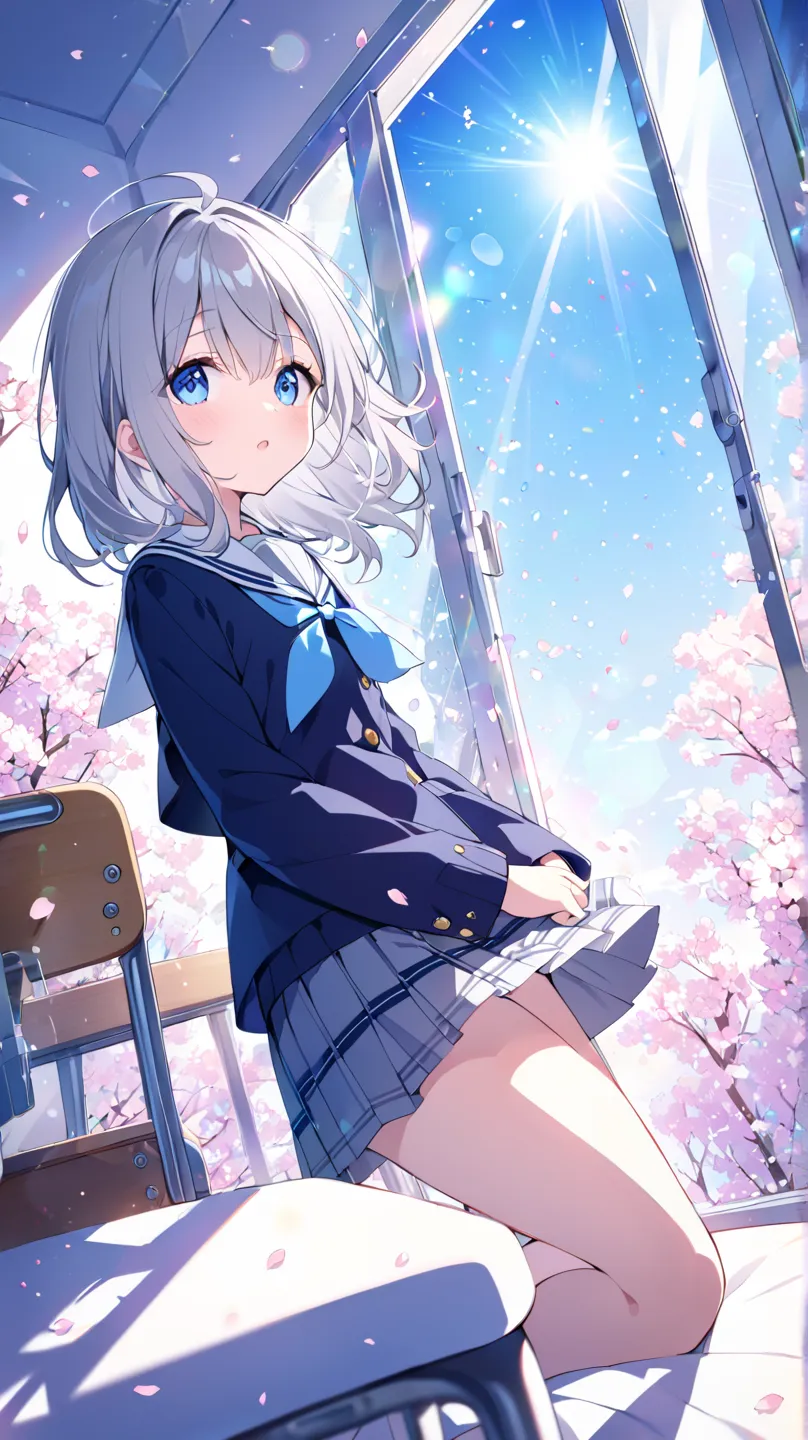 School Classroom、machine、chairs、Blue sky seen from the window、cherry blossoms、solo, hidden hair, blue eyes, Grey Hair、school uniform、Window seat、in bed looking up at the sky、How hair flutters in the wind、dutch angle, lens flare, glitter effect, blur backgr...