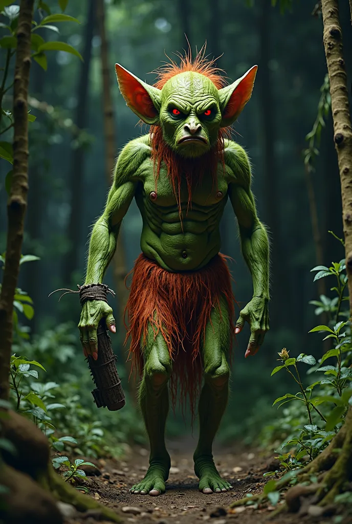 Curupira, Brazilian folk creature, Green skinned man, The skin all over the body is green, Wild boy,  Hair, 20 years, monstrous and creepy face, ugly,   Elf Ears, now,  visible nipples, strong body, standing, front view, looking at the viewer, hands with h...