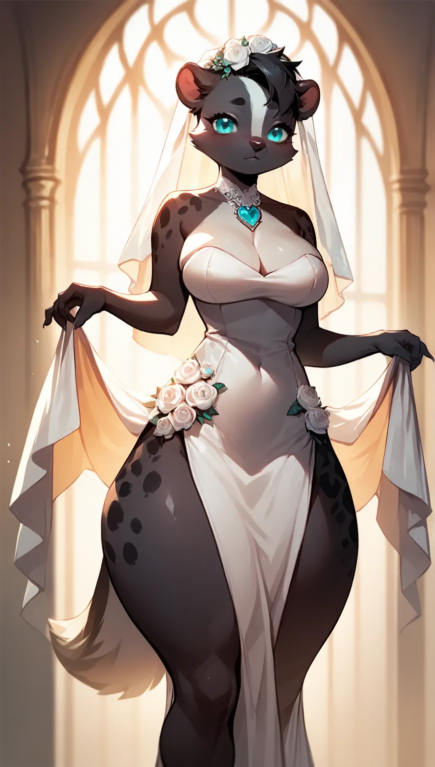 score_9, score_8_up, score_7_up, score_6_up, score_5_up, score_4_up, (solo), female anthro skunk, white fur with black tail, bride dress, black spots, lusty, fluffy body, short white hair, turquoise eyes, (thick thighs:1.5)((( offering the but))) sex parti...