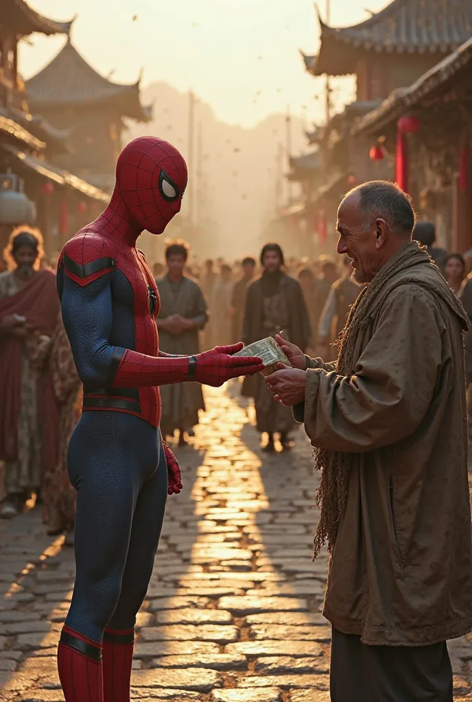 "Spider-Man is distributing the money he earned from selling ducks to poor and helpless  ren. The ren, dressed in worn-out clothes, look at him with gratitude as he shares the money with them. The scene is set in a rural marketplace, with a stone-paved roa...