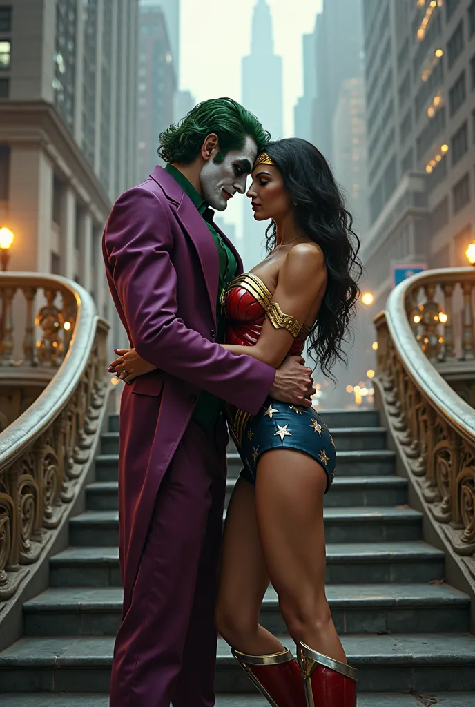 Generate high-resolution Marvel-style photograph of a super muscular bodybuilder joker hugging Super Sexy Wonder Woman on a New York City staircase