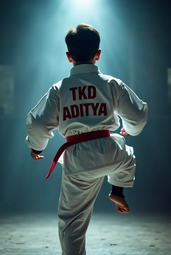 "A focused 18-year-old boy performing a Taekwondo kick, with his back facing the viewer. His taekwondo uniform has 'TKD Aditya' boldly written on the back. He’s mid-action, showcasing his skill and determination. The background is a blurred, hidden interio...