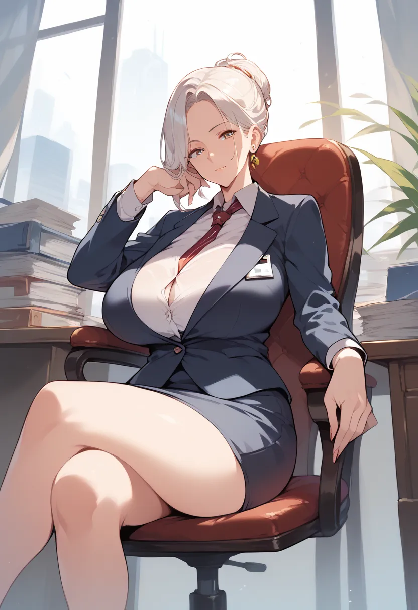  high resolution, Best Quality, uncensored, 1 girl, milf, huge breast, business_suit, sitting, crossed_legs, on_chair, office