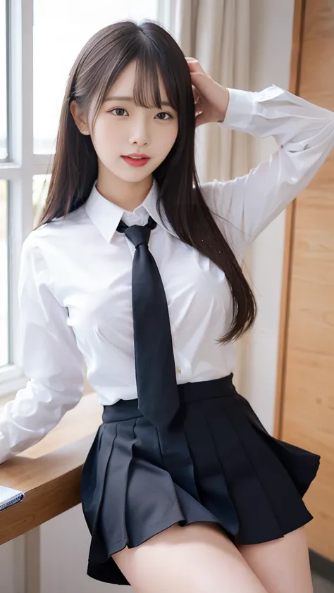 nsfw, Best Quality、High resolution、8k 、リアル、A beautiful high school girl spreads her legs to show off her pussy、Long Black Hair、big breasts、school uniform、long sleeve shirt、  miniskirt 、 ties、Great style、nsfw,  ,  legs wide open :1.5, Pussy:1.5, Detailed Pu...