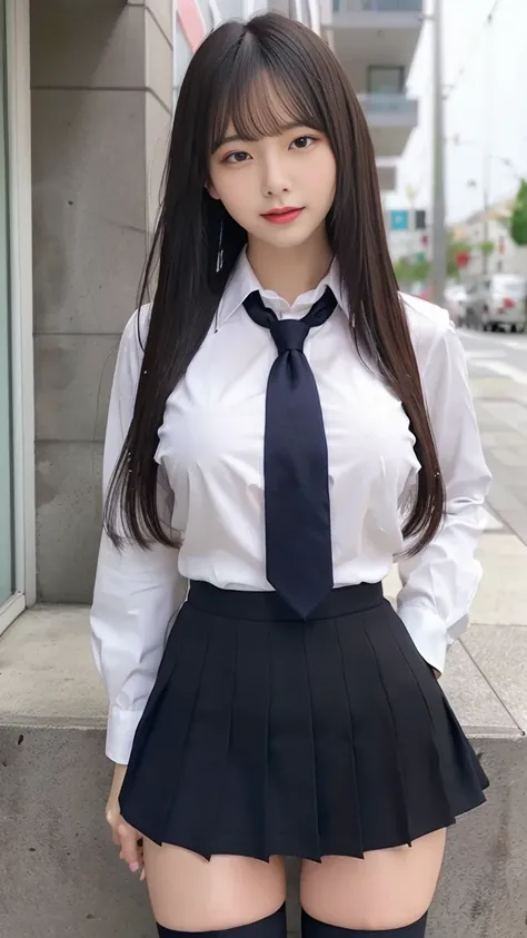 nsfw, Best Quality、High resolution、8k 、リアル、A beautiful high school girl spreads her legs to show off her pussy、Long Black Hair、big breasts、school uniform、long sleeve shirt、  miniskirt 、 ties、Great style、nsfw,  ,  legs wide open :1.5, Pussy:1.5, Detailed Pu...