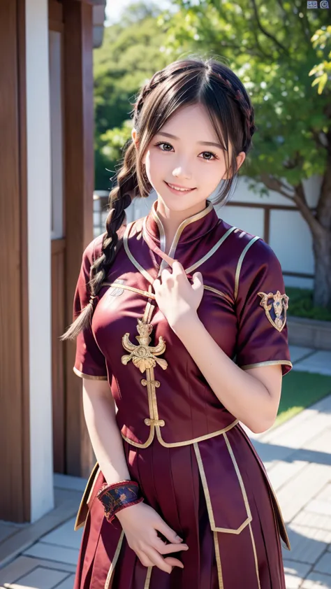 16years old,braid,cute face,beauty skin,miracle beauty,(armor costume),((hands behind)),upper body,nice body,smile,at the Japan Castle,