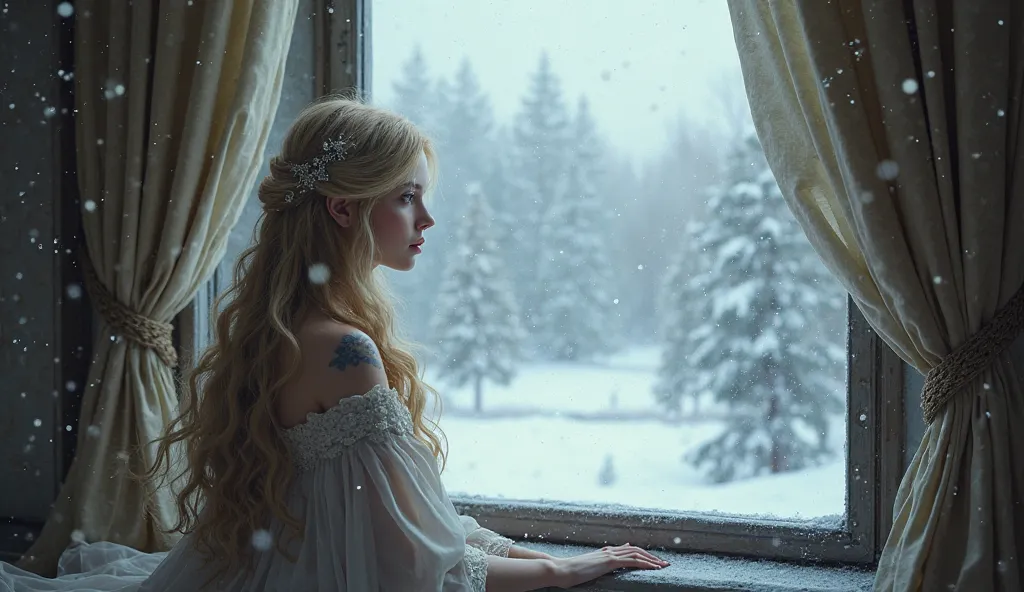 A lovely princess, Roza, with her long blonde hair, looking sadly out the window. A snow-white winter landscape is seen from the window.