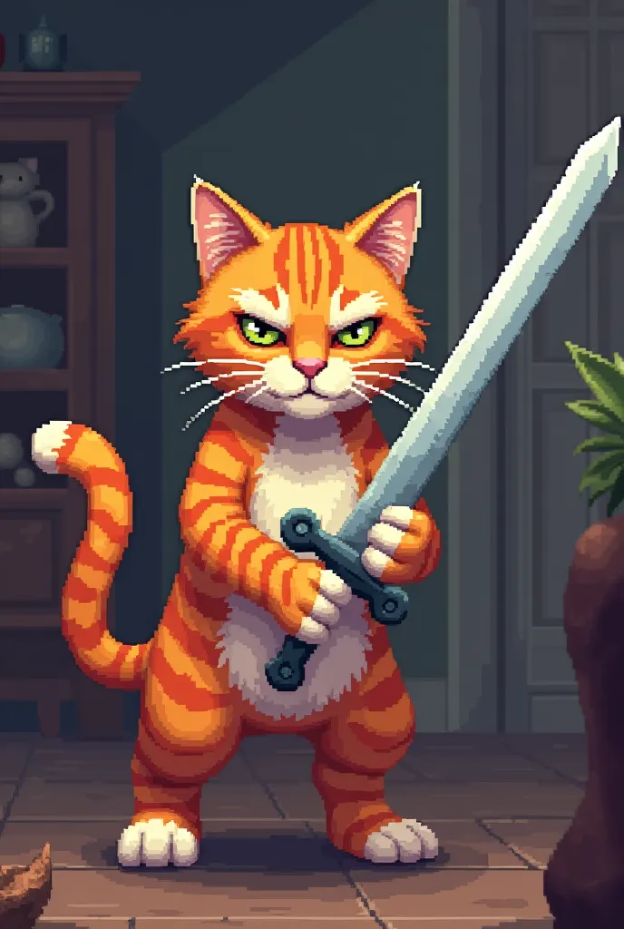 Pixel image of an orange cat holding a cold weather sword. All pixels, face not smiling, are in the house 