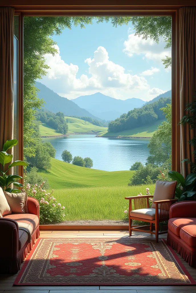 Nice living room with large window overlooking a large beautiful lake and green meadow