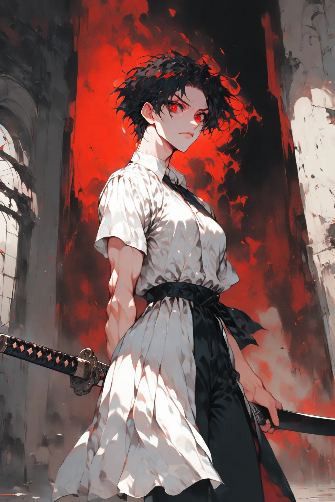 1เด็กman,man,alone,Name Aizu,Age 20 years,Height 180,Strong look basic, black red hair,red black eyes,discreet personality ,training hall background,trainer,black and white school dress,Holding Katana Sword,Anatomically Correct, Masterpiece,  high quality,...