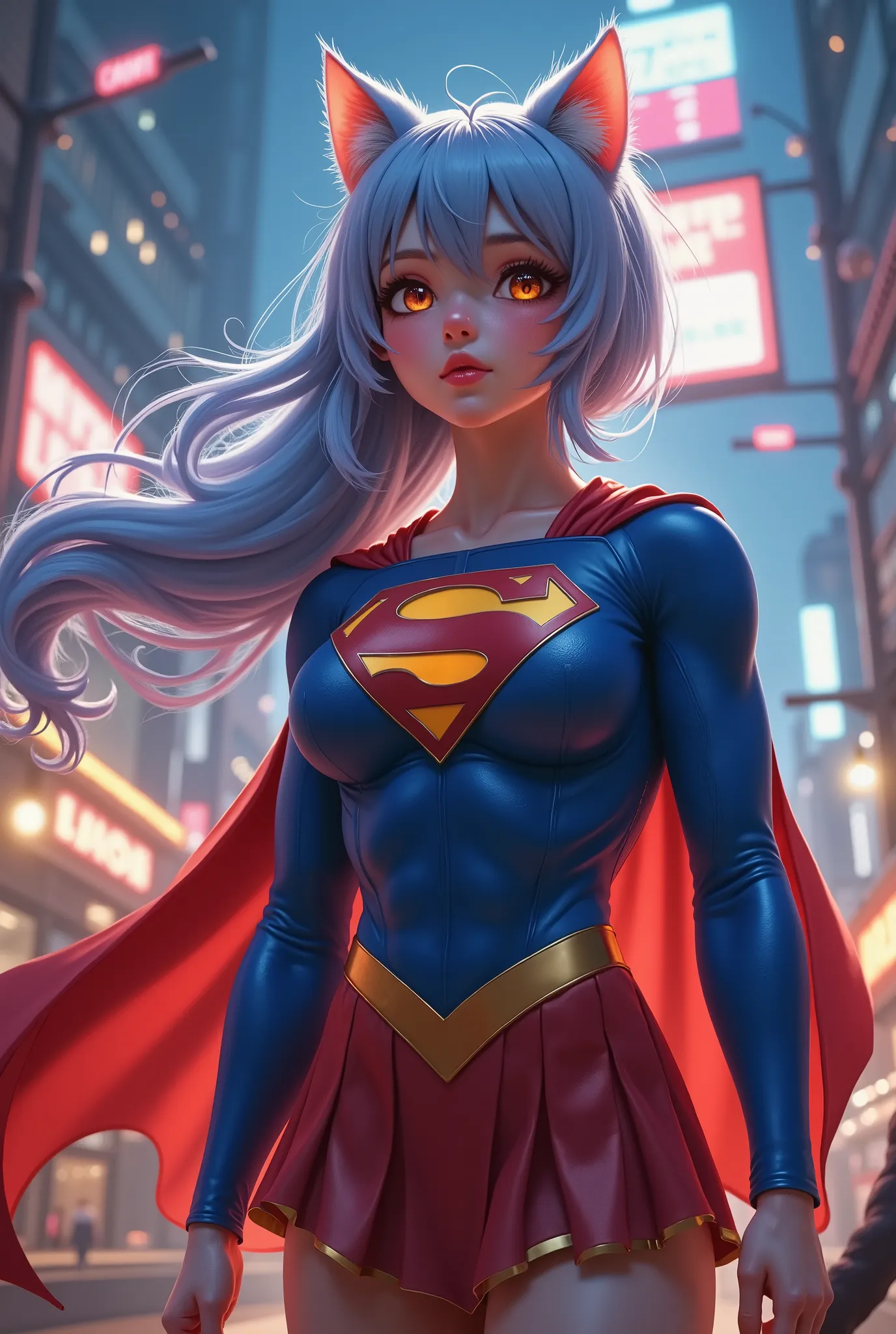 wearing a supergirl costume and cape. 70 percent cat 30 percent human "TEXT BUBBLE SAYING TAKE ME MASTER" 3D REALISTIC. a sexy furry hybrid human catgirl WEARING A supergirl SUIT AND CAPE, LONG LIGHT BLUE HAIR IN A PONY TAIL, FLUFFY CAT TAIL, ORANGE CAT EY...