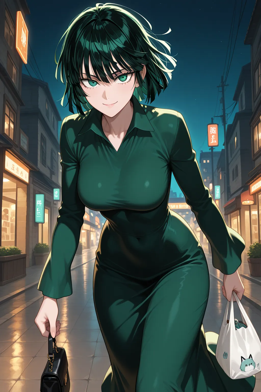 masterpiece, best quality, amazing quality, newest, very aesthetic, 1girl, fubuki \(one punch man\),green dress,holding a small bag,walking forward to the viewr,close-up,smile,blink,night background