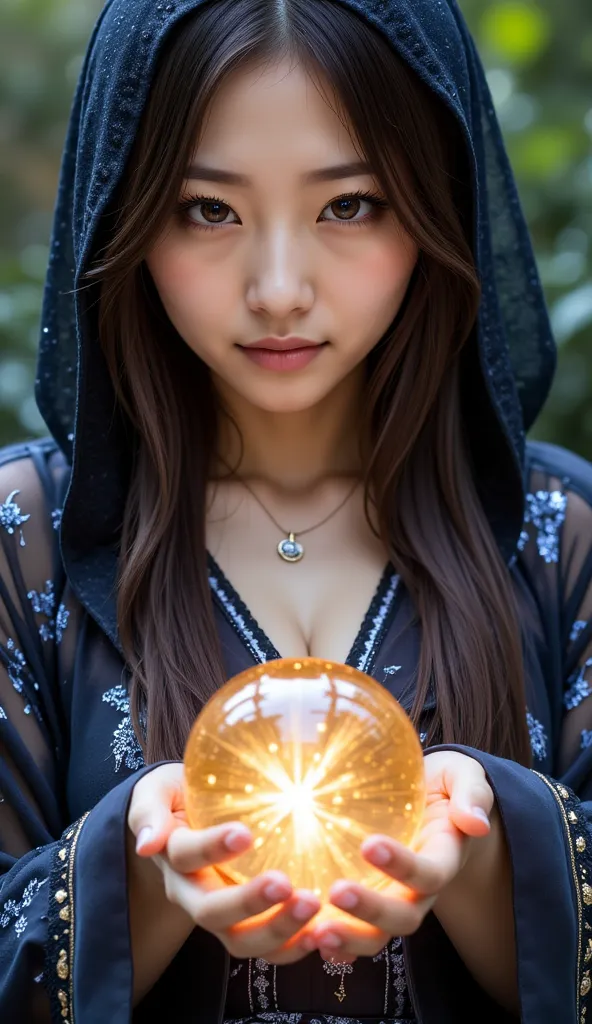 Mysterious and enchanting fortune teller、staring at the glowing crystal ball。 age Japanese woman with paint on her belly 。my hair is black。My eyes are black。wears an exquisitely designed organza hooded cloak。she has a sparkling crystal ball that emits grac...