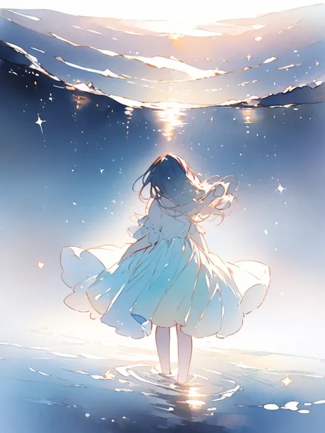 top quality, 1 woman,long hair,  The sea at dawn standing on the water,  morning glow, starry sky, The sparkling surface of the water, watercolor illustration , pastel colors, dreamy scene