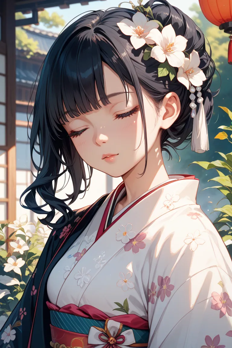  black hair　pretty girl　 kimono　長い black hair　 straight 　eyes closed　White cane　Young lady　