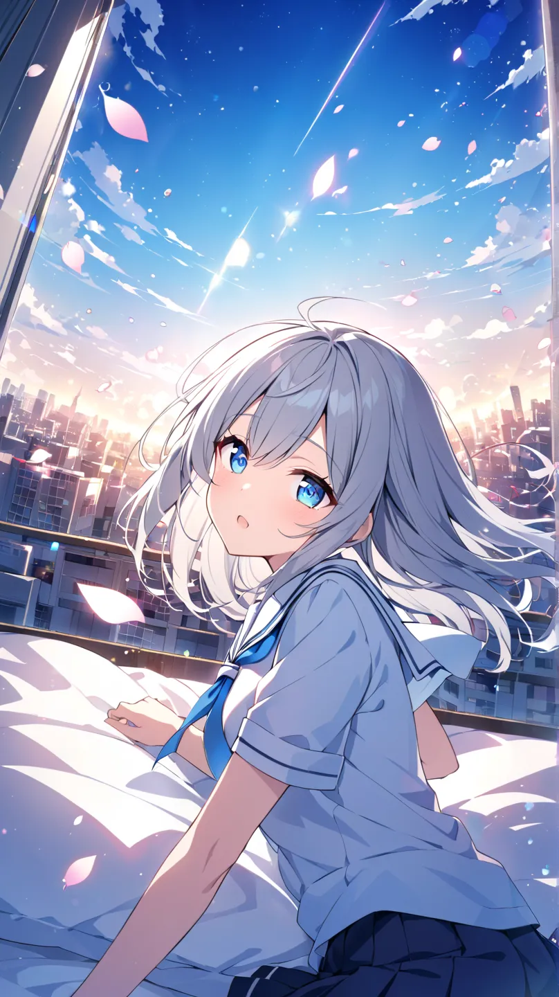 School Rooftop、blue sky、cherry blossoms、cherry blossoms吹雪、Cityscape in the distance、solo, hidden hair, blue eyes, Grey Hair、school uniform、in bed looking up at the sky、How hair flutters in the wind、dutch angle, lens flare, glitter effect, blur background, ...