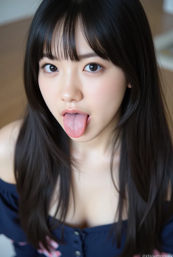 girls,    black hair,  Long Hair ,  open your mouth  wide and stick your tongue out, Accurate eye expressions, Correct tongue expression, sticking out her tongue, Accurate facial expression, masterpiece,  Ultra High Resolution , very well detailed, details...