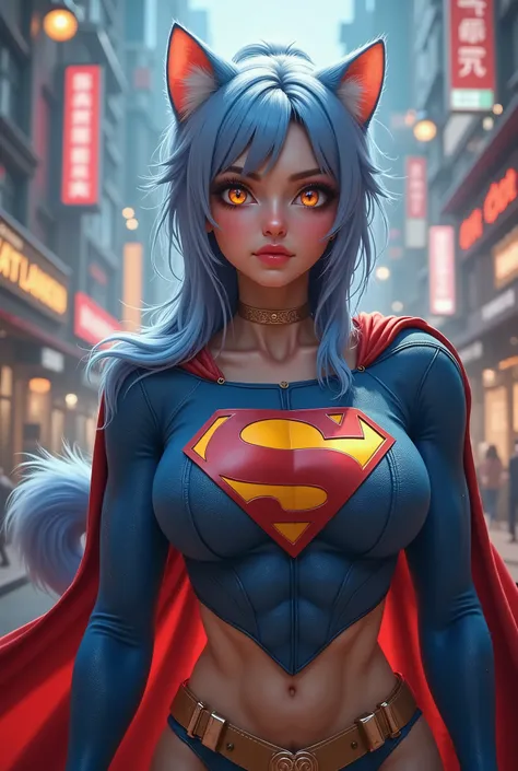 19-years-old, wearing a supergirl costume and cape. 70 percent cat 30 percent human "TEXT BUBBLE SAYING TAKE ME MASTER" 3D REALISTIC. a sexy furry hybrid human catgirl WEARING A supergirl SUIT AND CAPE, LONG LIGHT BLUE HAIR IN A PONY TAIL, FLUFFY CAT TAIL,...
