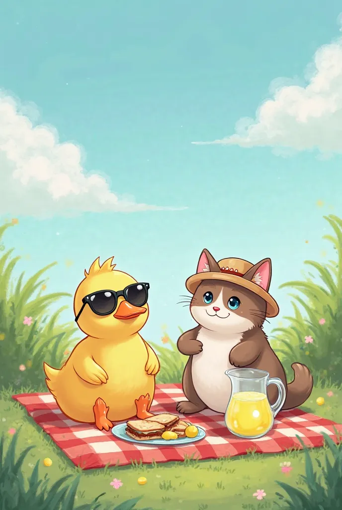 “A cute duck wearing sunglasses and a cat wearing a tiny hat, both sitting on a picnic blanket, enjoying sandwiches and lemonade under a blue sky.