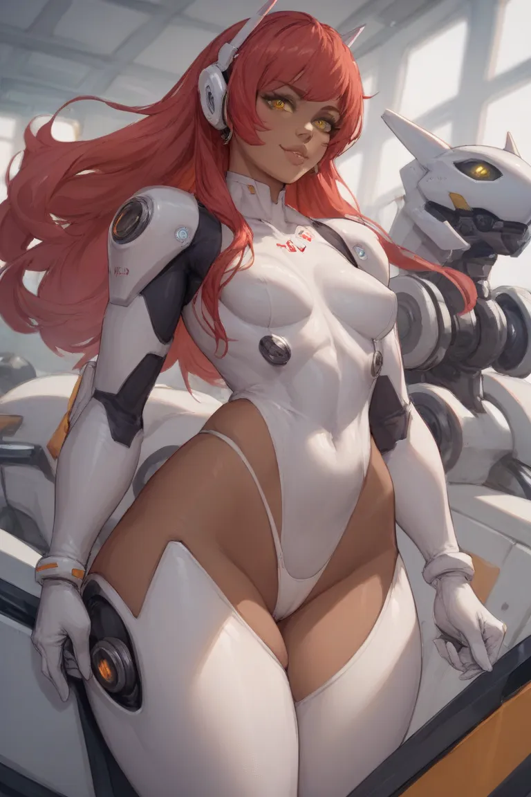 1 girl, long red hair, yellow eyes, dark skin, voluptuous, small breasts, white thong bodysuit, tech white room