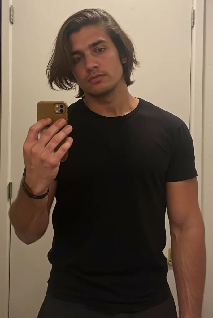 A handsome 20 years old men , taking mirror selfie, black shirt , long hair , muscular body 